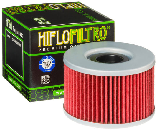 HIFLOFILTRO HF561 motorcycle oil filter showing brand logo and filter element for easy installation and premium performance.