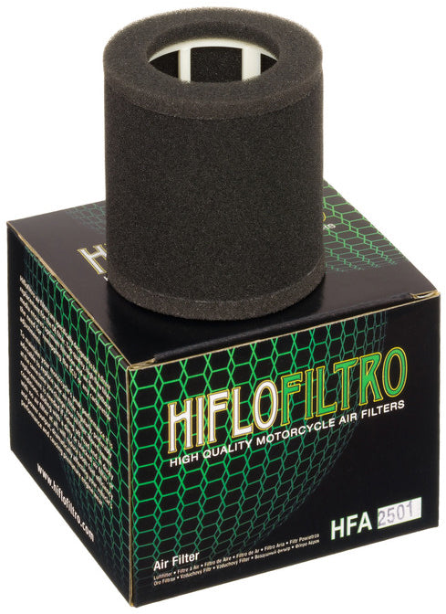 Hiflofiltro HFA2501 air filter for high-performance engines, showing the clean, rectangular filter element with brand markings.