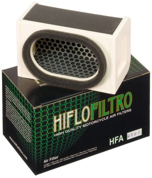 HIFLOFILTRO HFA2703 air filter for high performance engines, showing the clean, cylindrical filter element with brand markings.