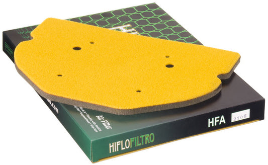HIFLOFILTRO HFA2706 air filter for high-performance engines, showing the clean, rectangular filter element with brand logo.