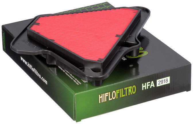 Hiflofiltro HFA2918 high-performance engine air filter with pleated paper element and rubber sealing edge.