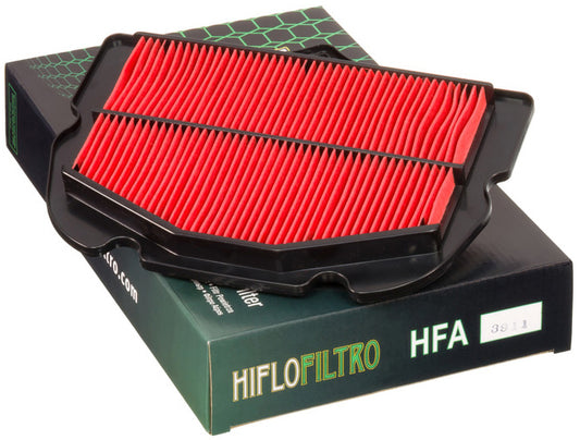 HIFLOFILTRO HFA3911 high-performance air filter for modern engines, shown in close-up with filter media and frame details.