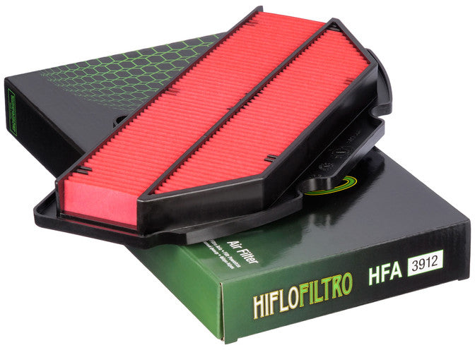 HIFLOFILTRO HFA3912 air filter for high-performance engines, showing the clean, rectangular filter element with branding details.
