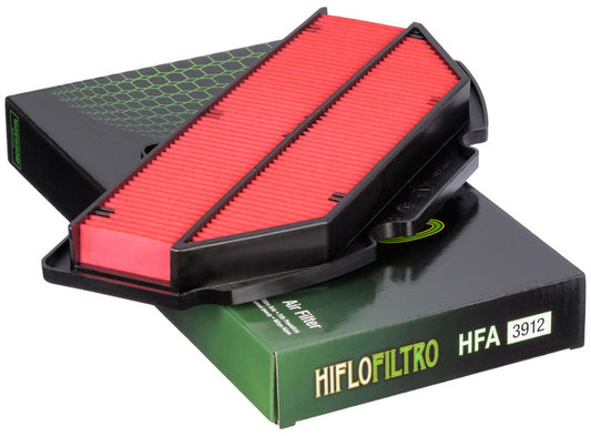HIFLOFILTRO HFA3912 air filter for high-performance engines, showing the clean, rectangular filter element with branding details.