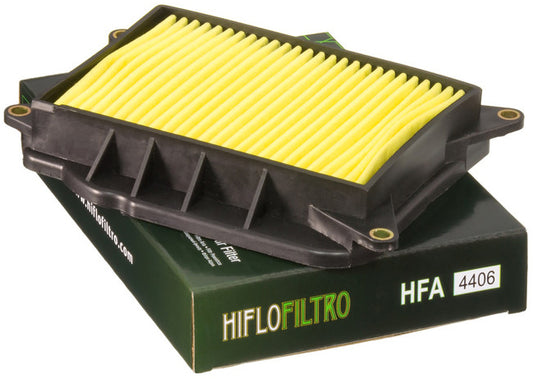 HIFLOFILTRO HFA4406 air filter for high-performance engines, showing the clean, rectangular filter with brand logo and pleated design.