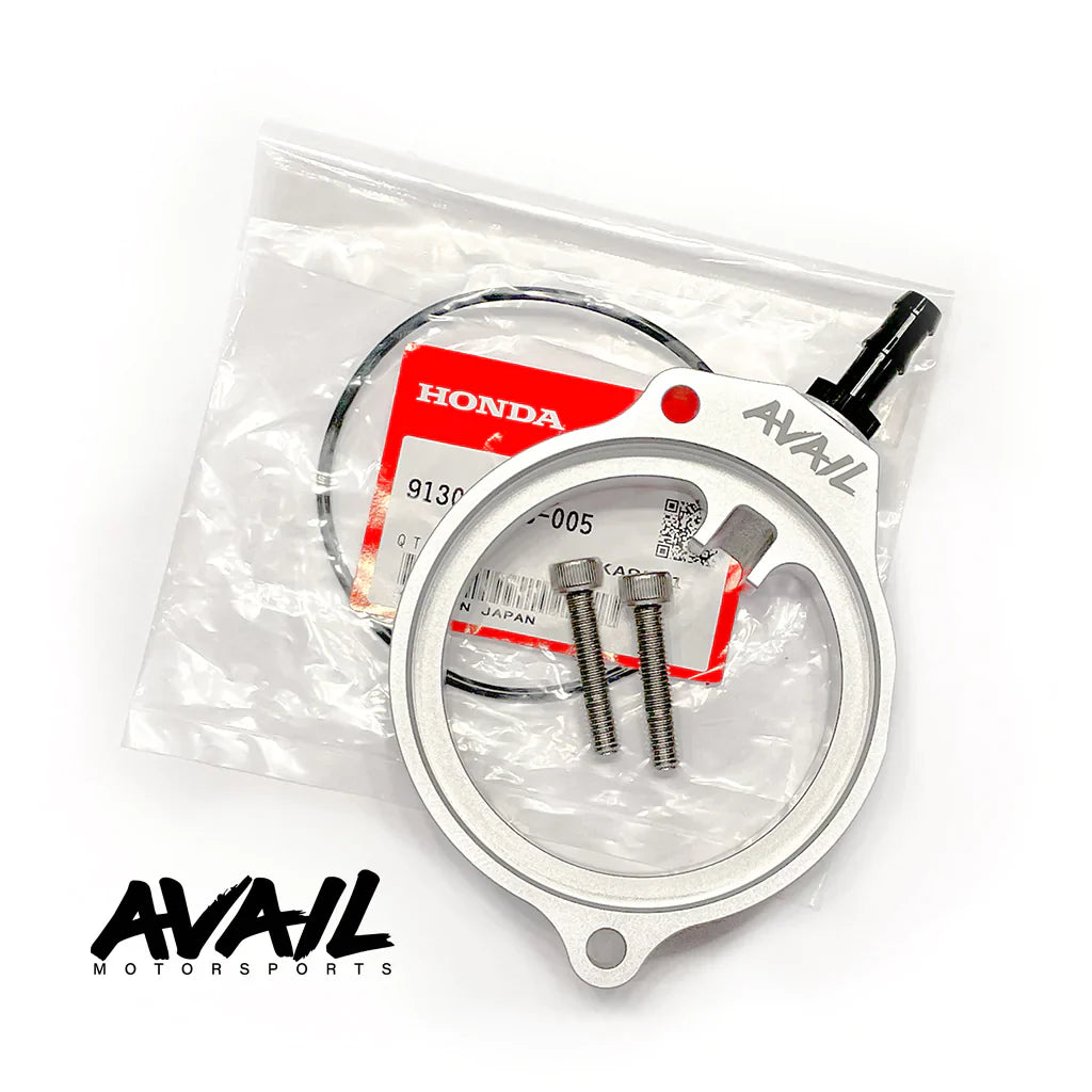Howling Moto Avail Cam Cover, filter, and hose bundle with clear anodized finish, designed for motorcycle engine protection.