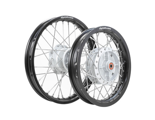 Howling Moto TB Wheel Assembly Set with HD aluminum rims and spokes for KLX110 front and rear wheel kits.