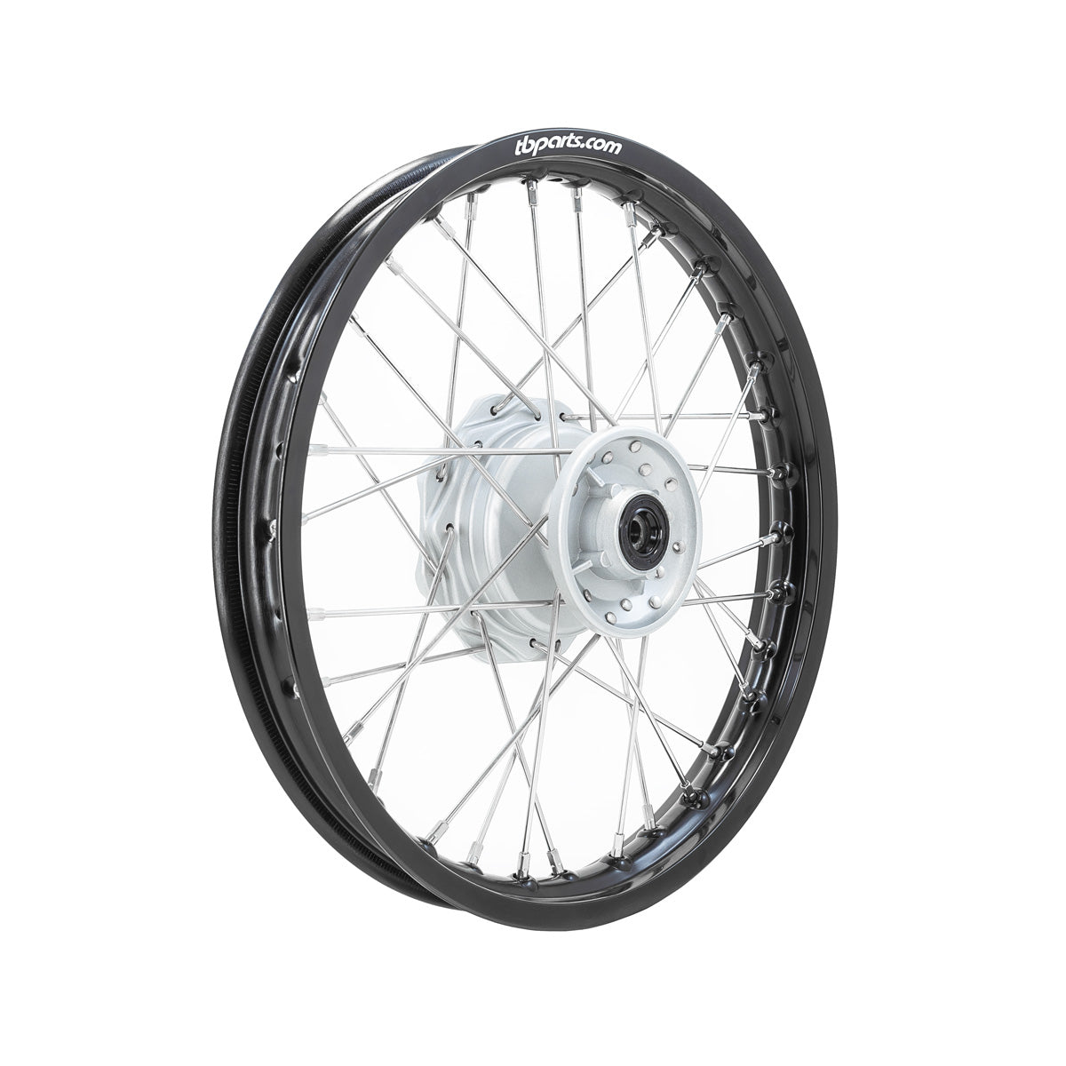 Howling Moto front and rear wheel kit with HD aluminum rims and spokes for KLX110 motorcycle, showing assembled wheels.