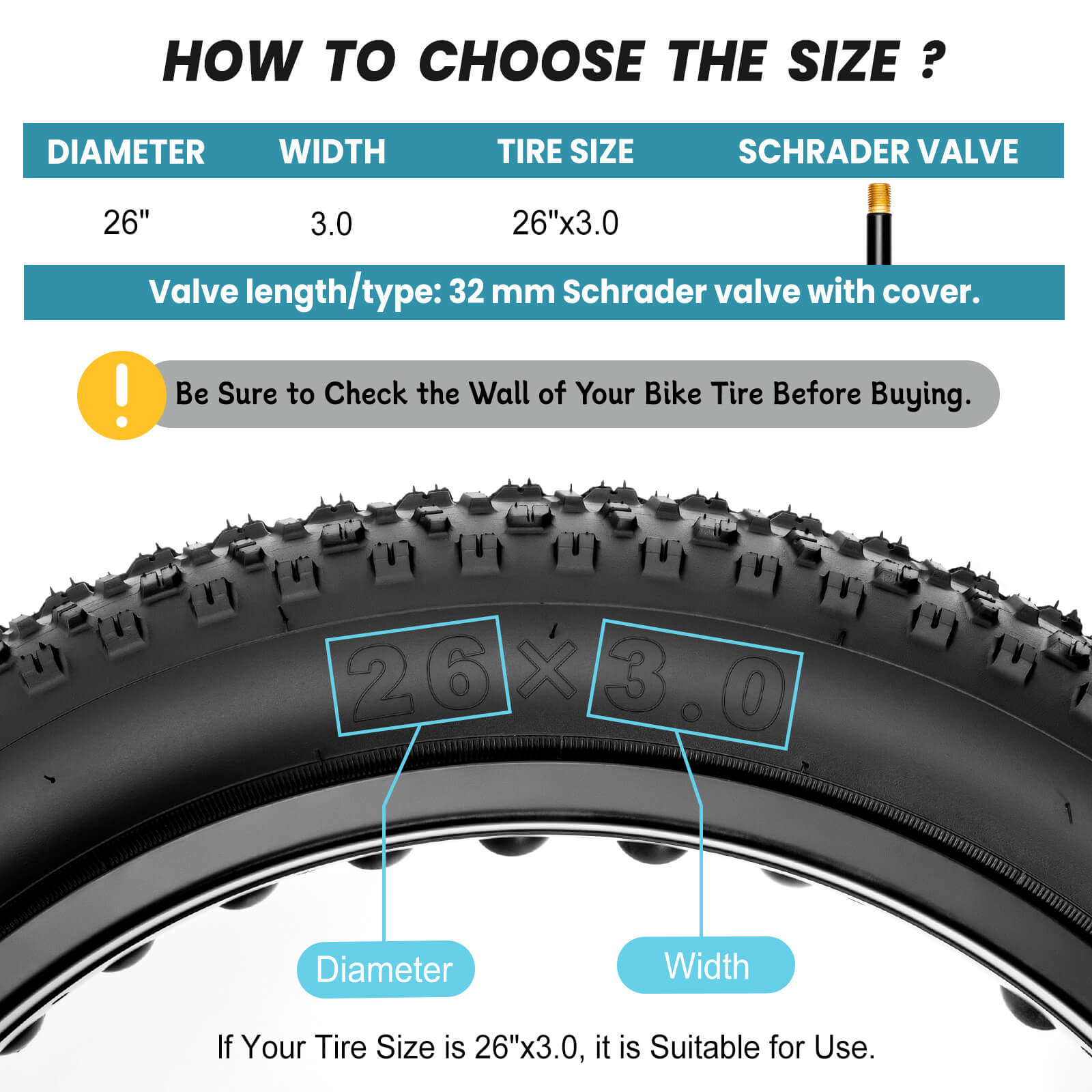 Hycline bike tube for 20-inch by 3-inch or 26-inch by 3-inch tires, showing sizing options and compatibility for mountain bikes.