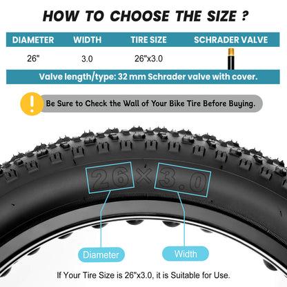 Hycline bike tube for 20-inch by 3-inch or 26-inch by 3-inch tires, showing sizing options and compatibility for mountain bikes.