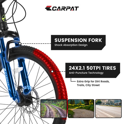 Black and orange Hycline Ecarpat XR1 24-inch bicycle with sleek frame and sporty design, suitable for outdoor riding.