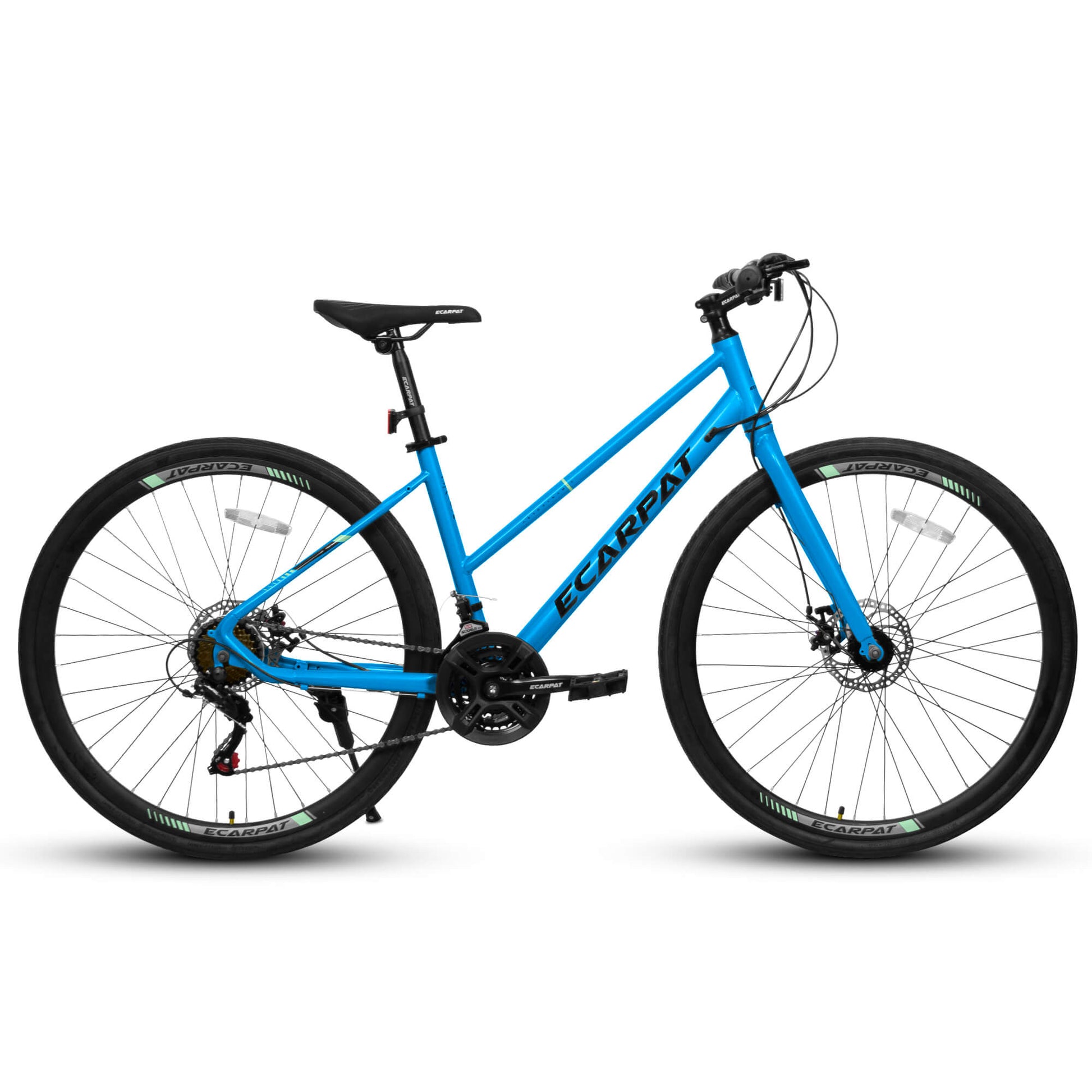 Blue Hycline Ecarpat Velostride bicycle tire 700×35C mounted on a bike wheel, showcasing durability and tread pattern.