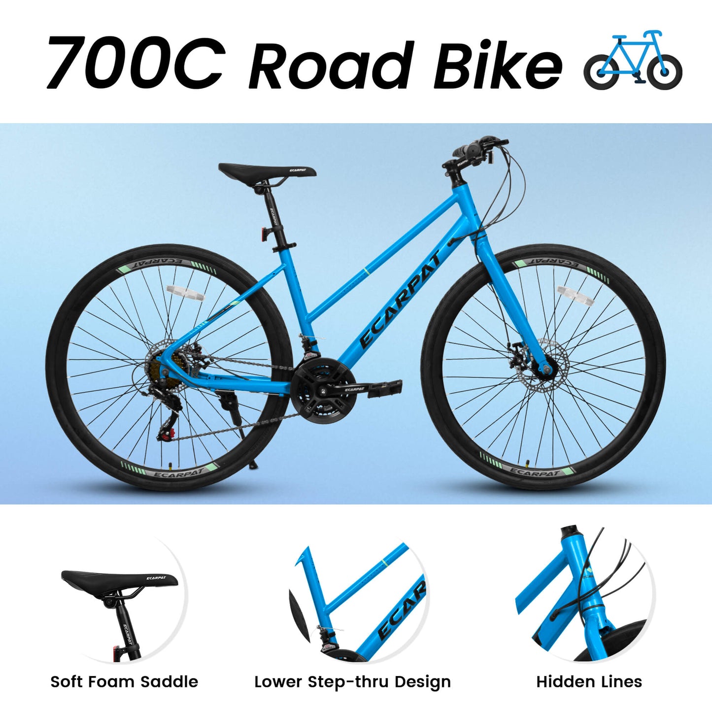 Blue Hycline Ecarpat Velostride bicycle tire 700x35C mounted on a bike wheel, showing tread pattern and sidewall details.