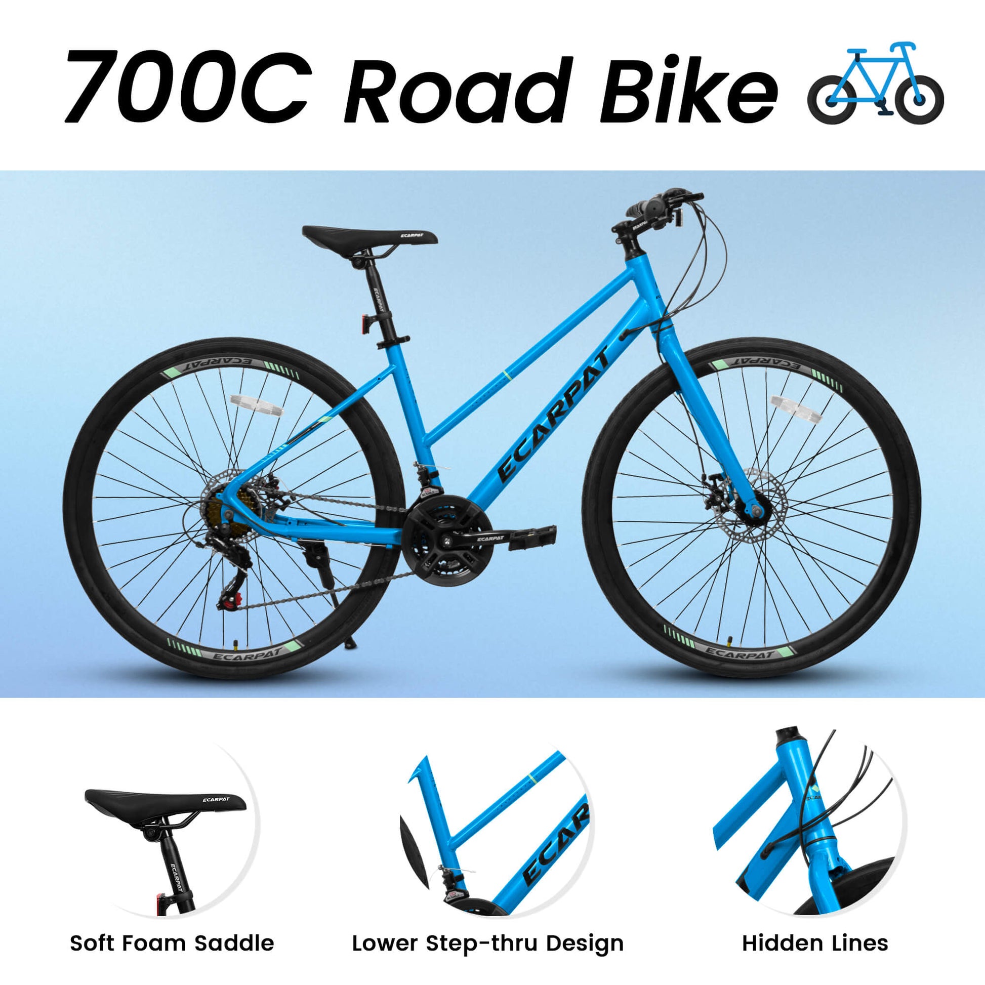 Blue Hycline Ecarpat Velostride bicycle tire 700x35C mounted on a bike wheel, showing tread pattern and sidewall details.