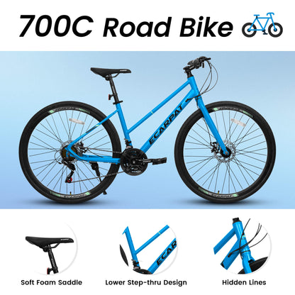 Blue Hycline Ecarpat Velostride bicycle tire 700x35C mounted on a bike wheel, showing tread pattern and sidewall details.