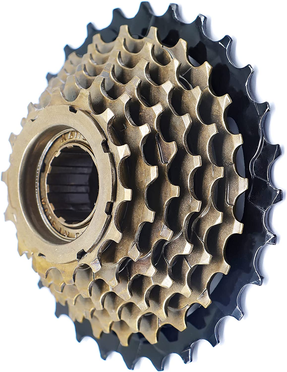 Hycline 7-speed 14-28T bicycle freewheel for bike cassettes and freewheels, black metal construction with gear teeth.