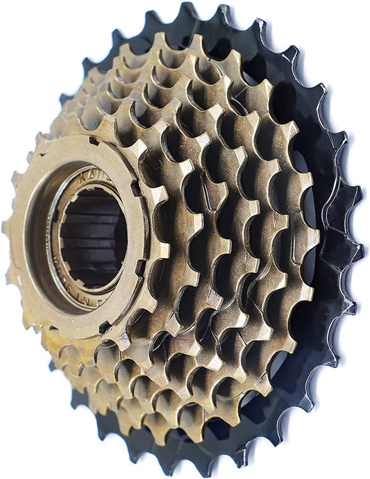 Hycline 7-speed 14-28T bicycle freewheel for bike cassettes and freewheels, black metal construction with gear teeth.