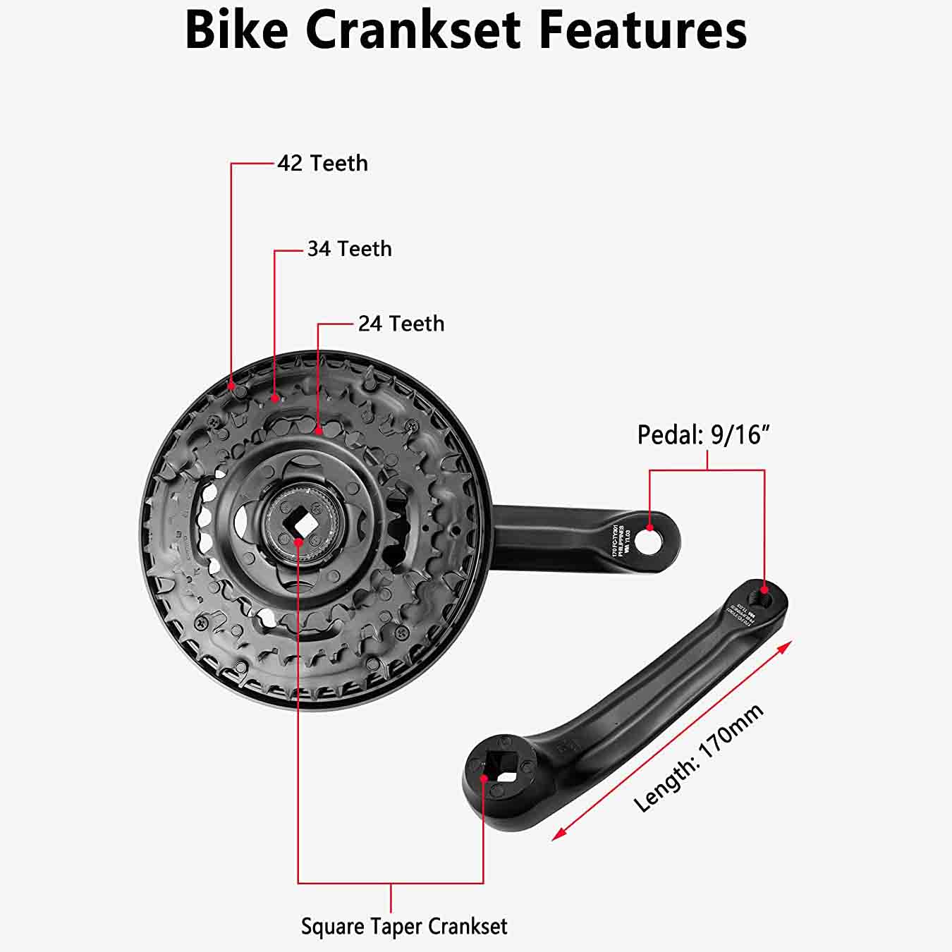 Hycline Shimano Tourney bicycle crankset FC-TY301 with 42-34-24 teeth, 170mm crank length, for 3x6/7/8-speed bikes.