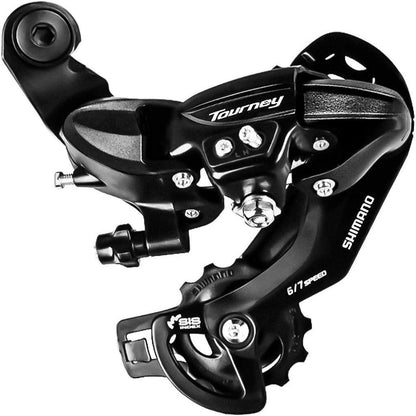 Hycline Shimano Tourney bicycle rear derailleur RD-TY300 and RD-TX800, black, mounted on a bike with gear and chain visible