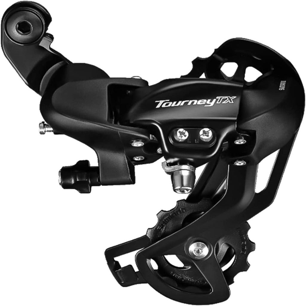 Hycline Shimano Tourney bicycle rear derailleur RD-TY300 and RD-TX800, black Shimano bicycle derailleurs on a bicycle.