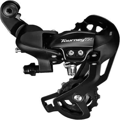 Hycline Shimano Tourney bicycle rear derailleur RD-TY300 and RD-TX800, black Shimano bicycle derailleurs on a bicycle.