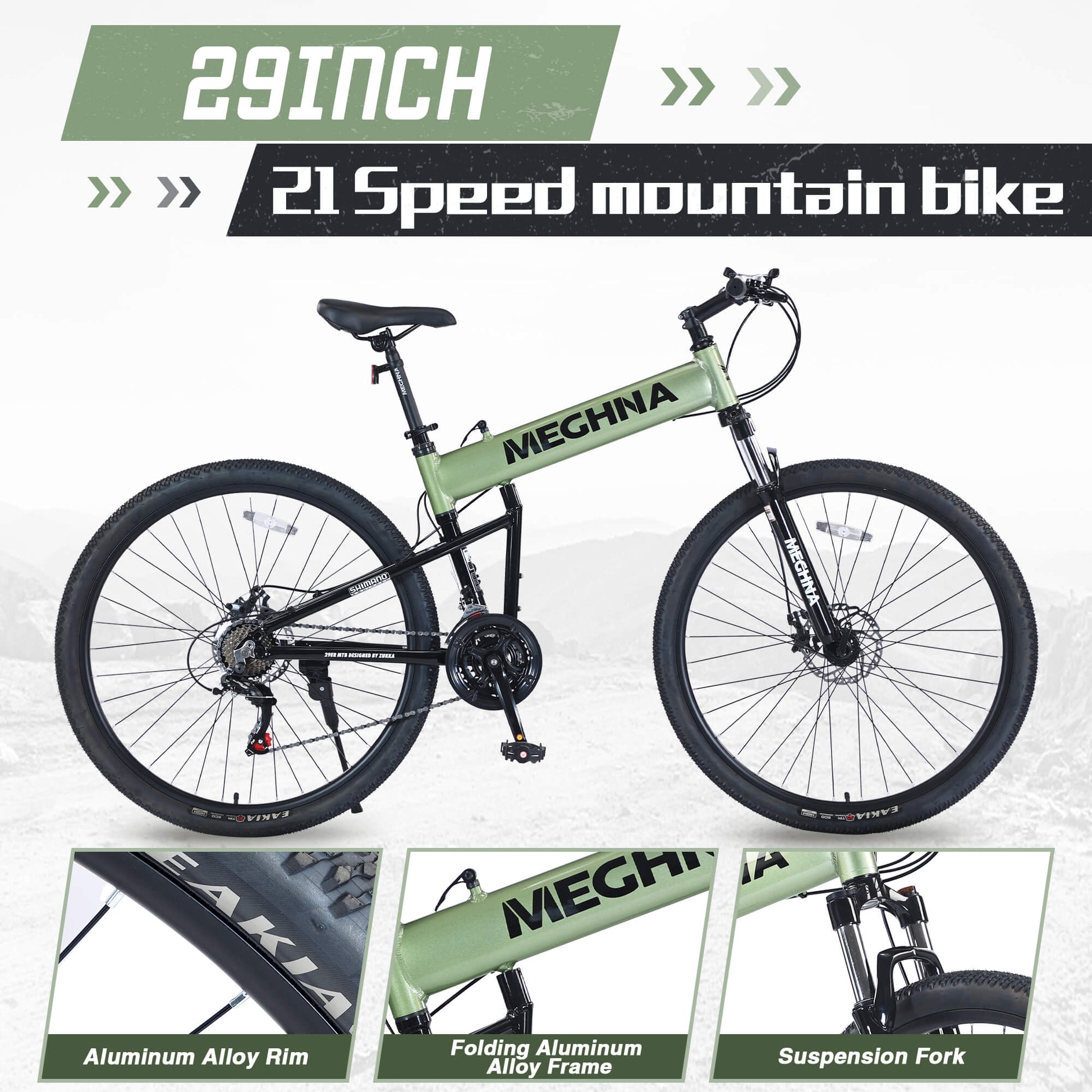 Hycline Meghna XM2 29-inch folding bicycle in green, featuring a compact design and sturdy frame for versatile riding