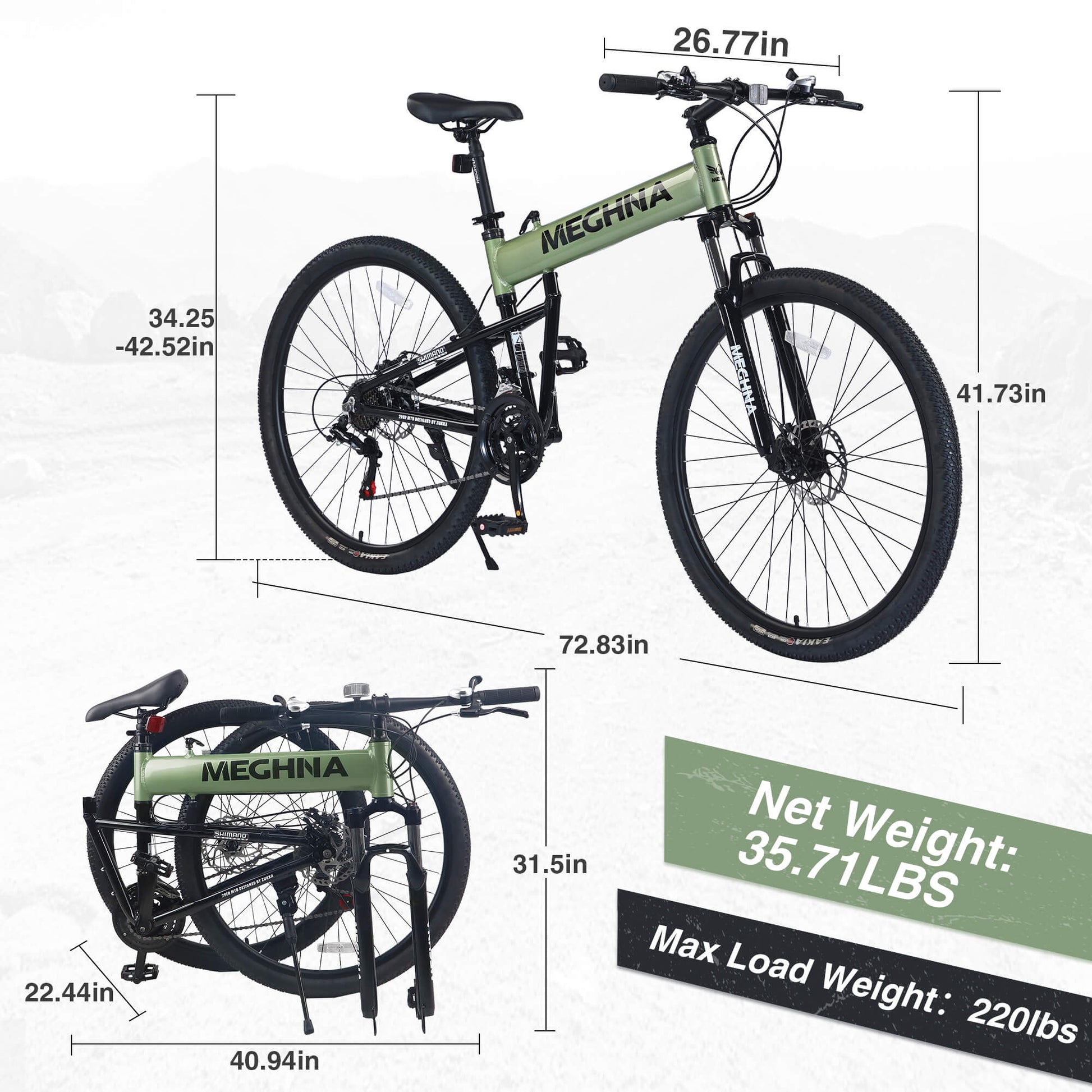 Green Hycline Meghna XM2 29-inch folding bicycle with alloy frame and compact design, suitable for urban commuting.