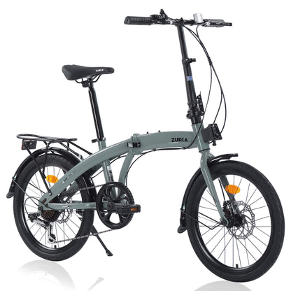 Grey Hycline Zukka Crossroll folding 20-inch bicycle with compact frame and handlebars, ideal for urban commuting and easy storage