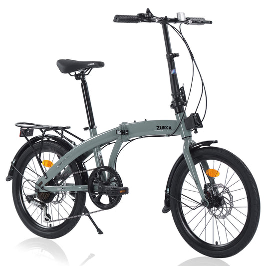 Grey Hycline Zukka Crossroll folding 20-inch bicycle with compact frame and handlebars, ideal for urban commuting and easy storage