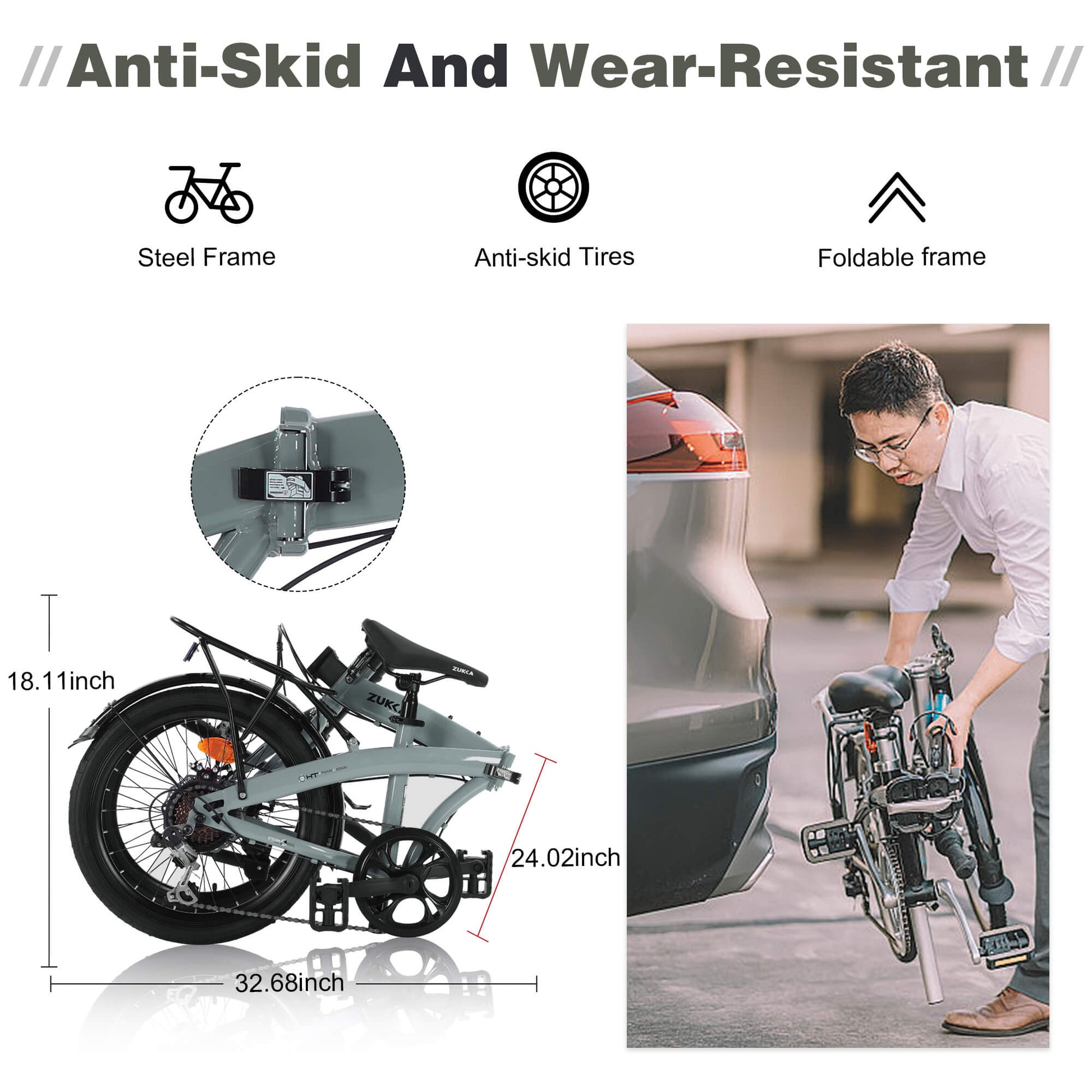 Grey Hycline Zukka Crossroll 20-inch folding bicycle with compact frame and adjustable handlebars, ideal for urban commuting.
