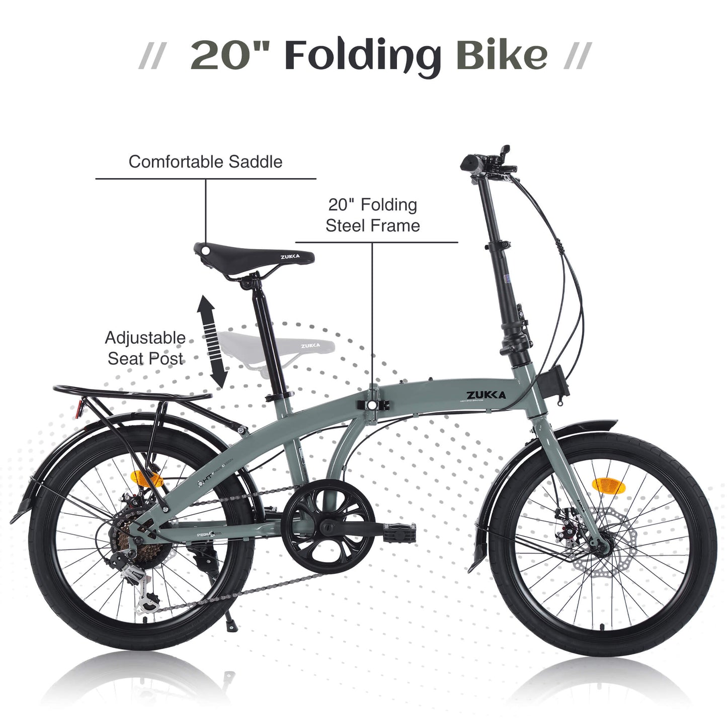 Grey Hycline Zukka Crossroll folding bicycle with 20-inch wheels, compact design, and adjustable features for easy riding.