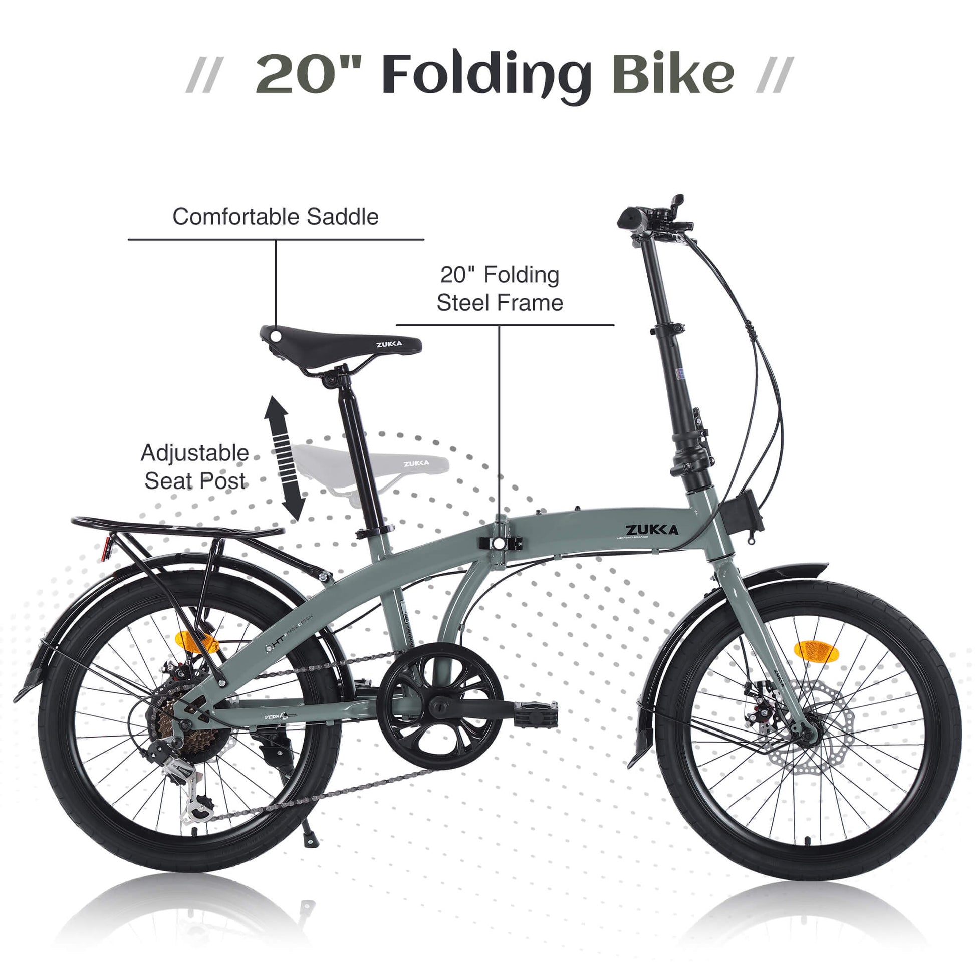 Grey Hycline Zukka Crossroll folding bicycle with 20-inch wheels, compact design, and adjustable features for easy riding.