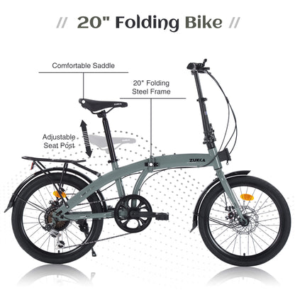 Grey Hycline Zukka Crossroll folding bicycle with 20-inch wheels, compact design, and adjustable features for easy riding.