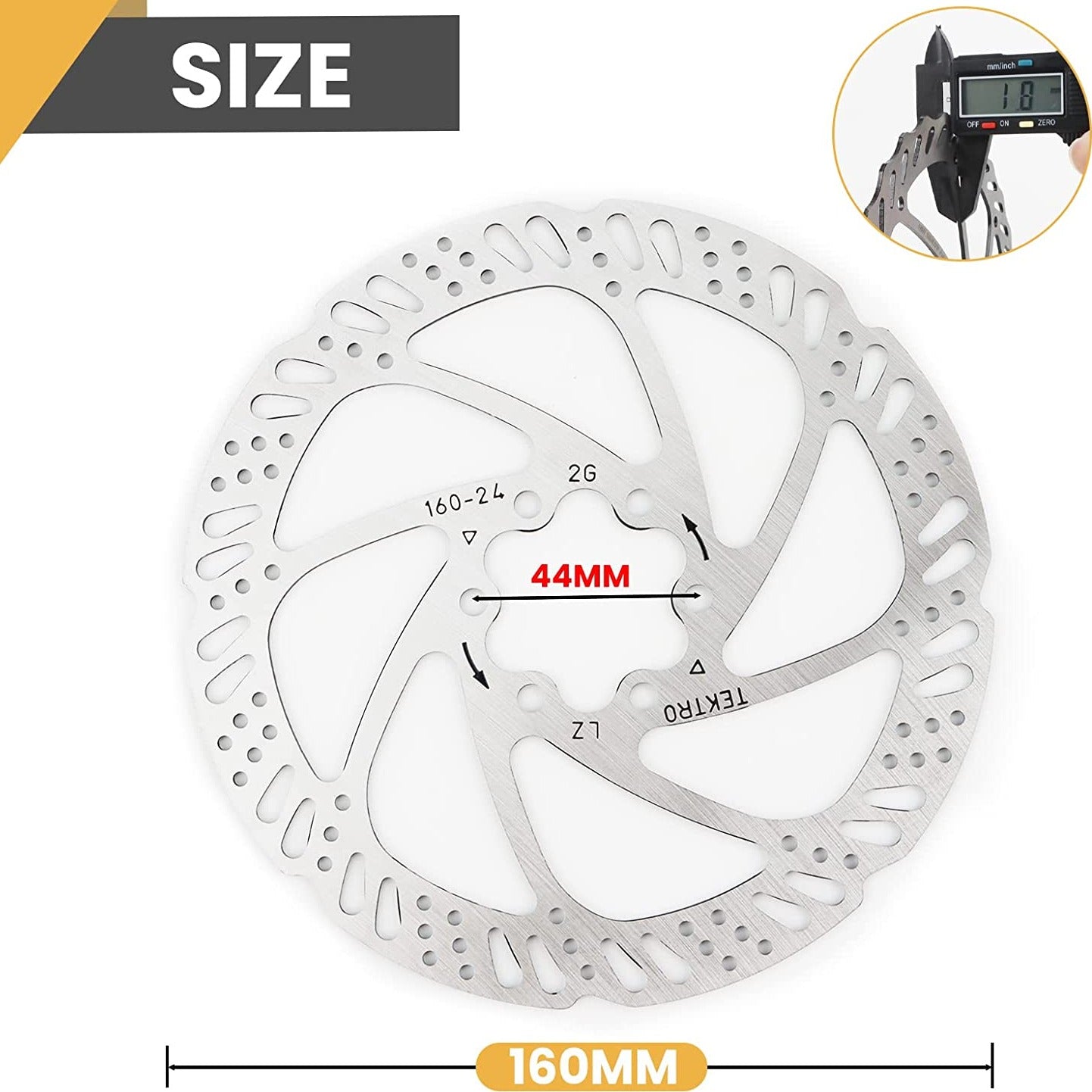 Hycline Tektro TR-24 disc brake rotor in stainless steel, 140mm to 203mm, 6-bolt bicycle part for mountain and road bikes.
