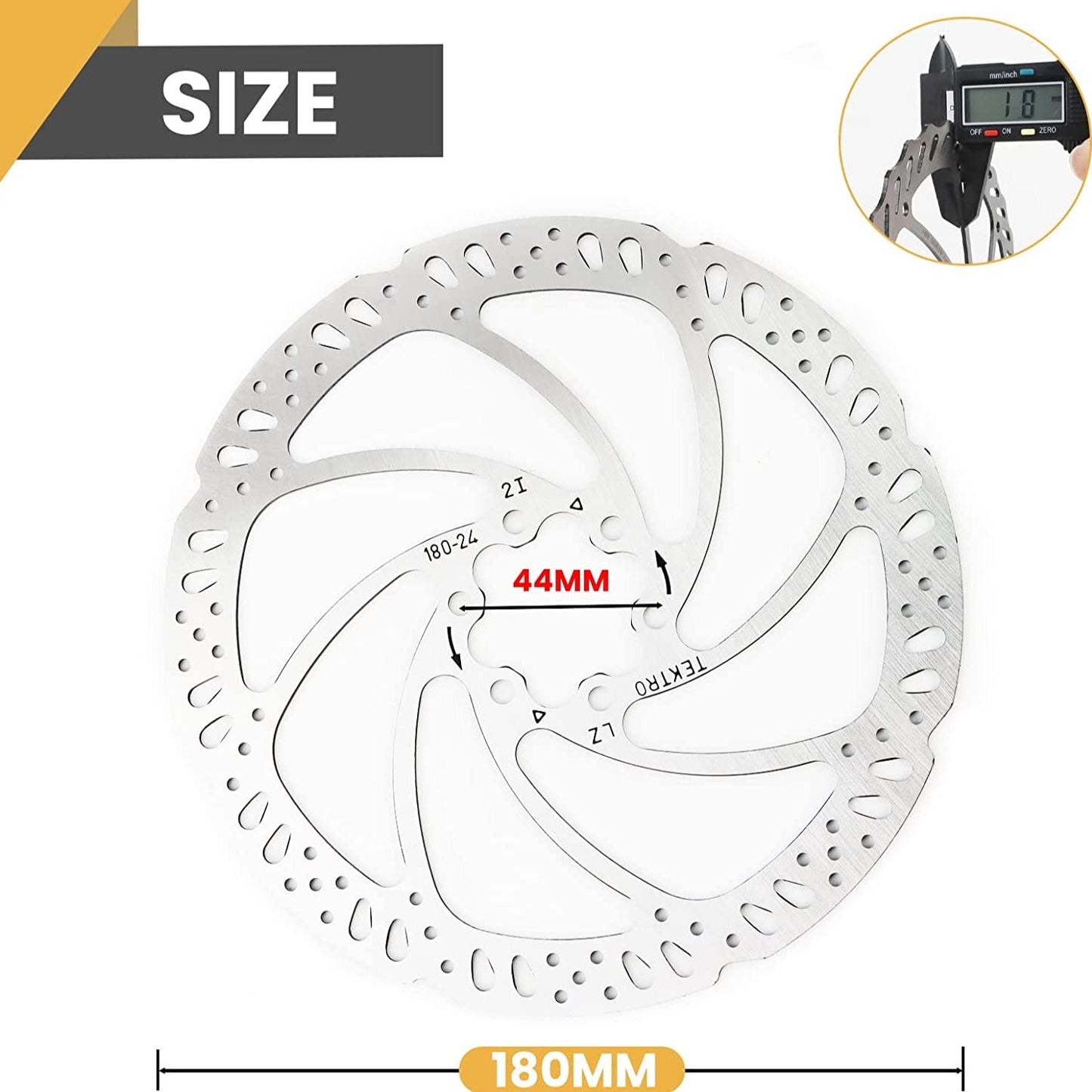 Hycline Tektro TR-24 disc brake rotor, stainless steel, 140mm to 203mm, 6-bolt bicycle part for mountain or road bikes.