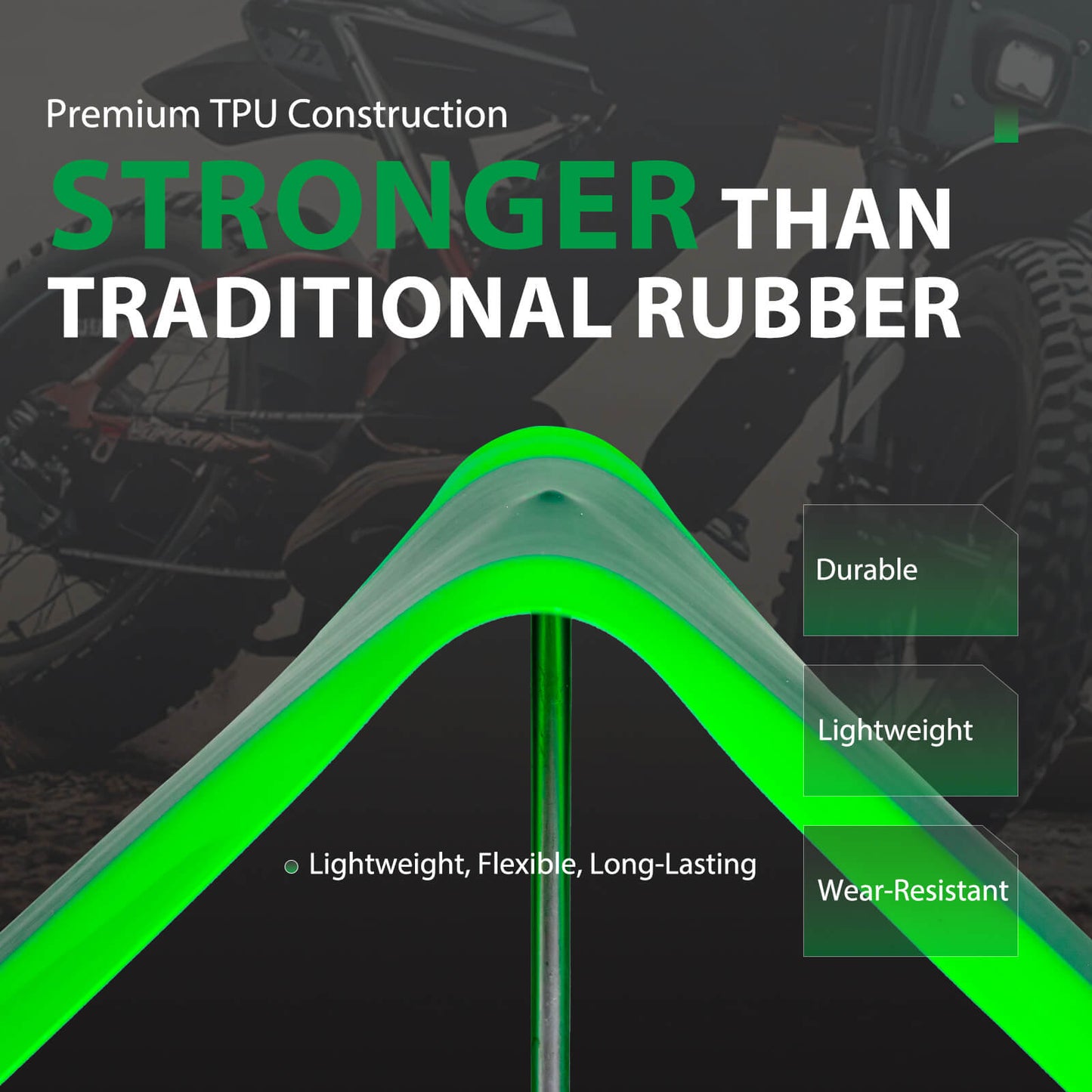Hycline Fat Tire TPU Liners for bicycles, showing close-up of green liners designed to fit fat tires and enhance bike performance.