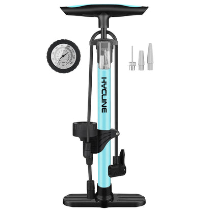 Black Hycline Basic-UP Bike Pump with pressure gauge, suitable for bicycles, capable of reaching 160 PSI (11 bar).