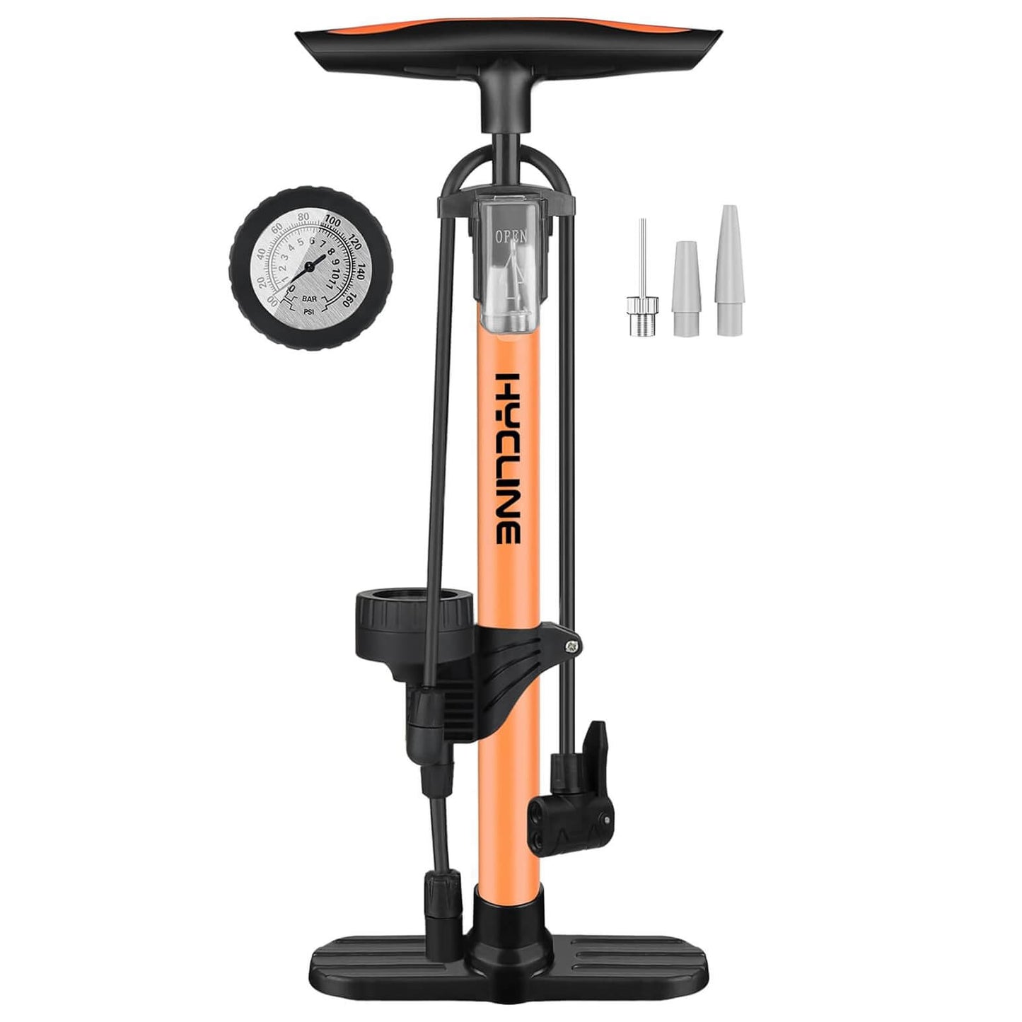 Hycline Basic-UP bicycle pump in black with pressure gauge, capable of 160 PSI (11 bar), for inflating bike tires.