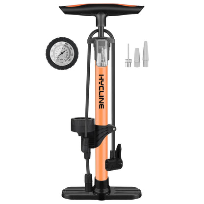 Hycline Basic-UP bicycle pump in black with pressure gauge, capable of 160 PSI (11 bar), for inflating bike tires.