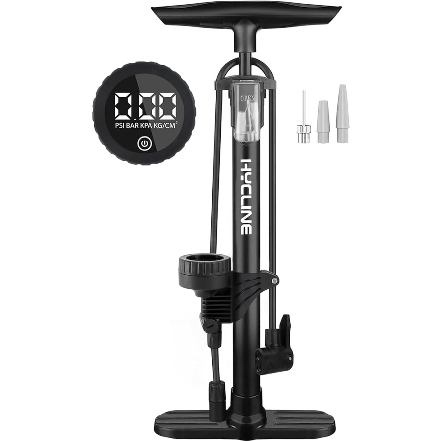 Black Hycline Basic-UP bicycle pump with gauge, 160 PSI (11 bar), compact design, for inflating bicycle tires.