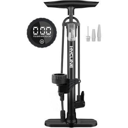 Black Hycline Basic-UP bicycle pump with gauge, 160 PSI (11 bar), compact design, for inflating bicycle tires.