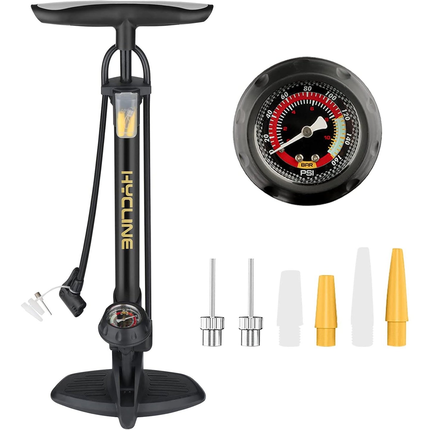 Hycline Basic-UP bicycle pump in black with gauge, capable of 160 psi (11 bar), for inflating bicycle tires.