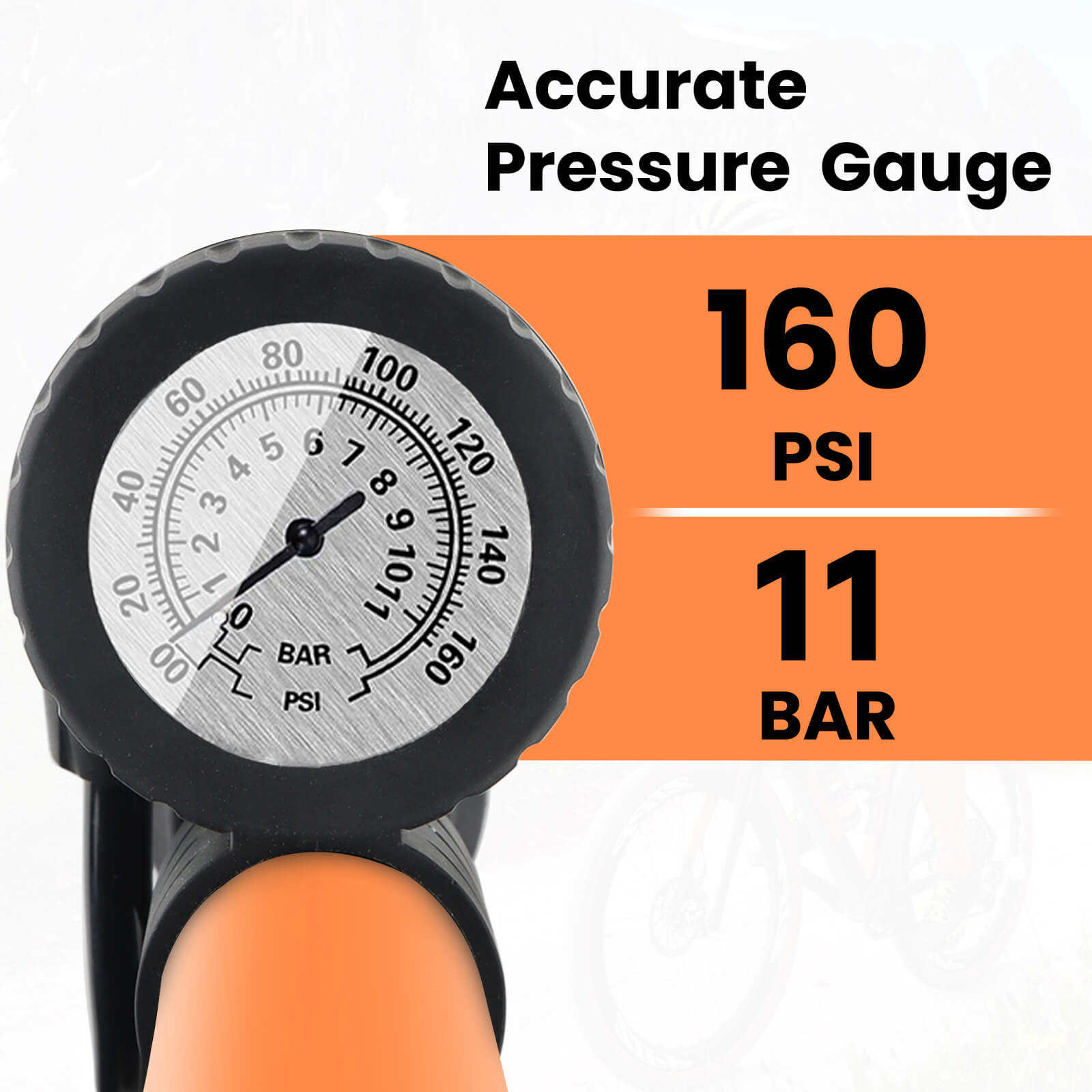 Hycline Basic-UP Bike Pump in black with gauge, suitable for bicycle tires, capable of 160 PSI (11 bar) pressure.