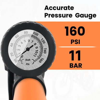 Hycline Basic-UP Bike Pump in black with gauge, suitable for bicycle tires, capable of 160 PSI (11 bar) pressure.