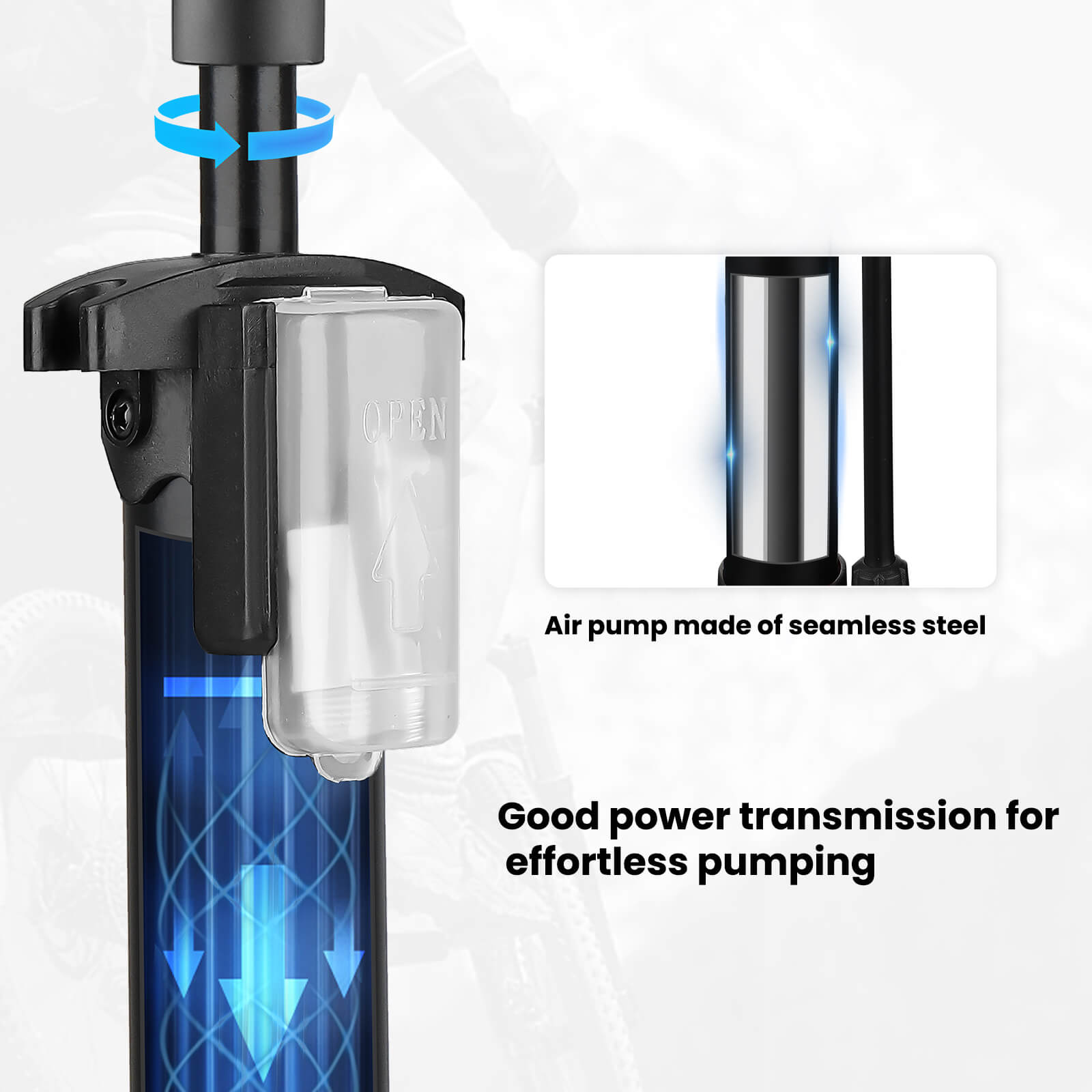 Hycline Basic-UP bicycle pump in black with gauge, capable of 160 PSI (11 bar), designed for inflating bike tires efficiently.