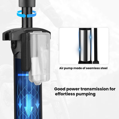 Hycline Basic-UP bicycle pump in black with gauge, capable of 160 PSI (11 bar), designed for inflating bike tires efficiently.