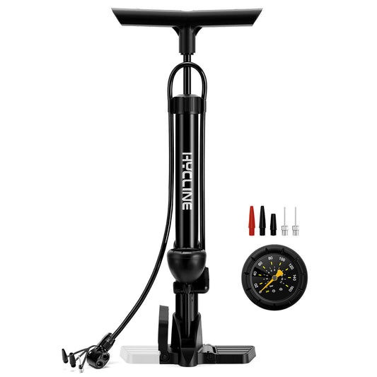 Black Hycline NT1 bicycle pump for bikes, compact and portable with easy hand operation and a pressure gauge.