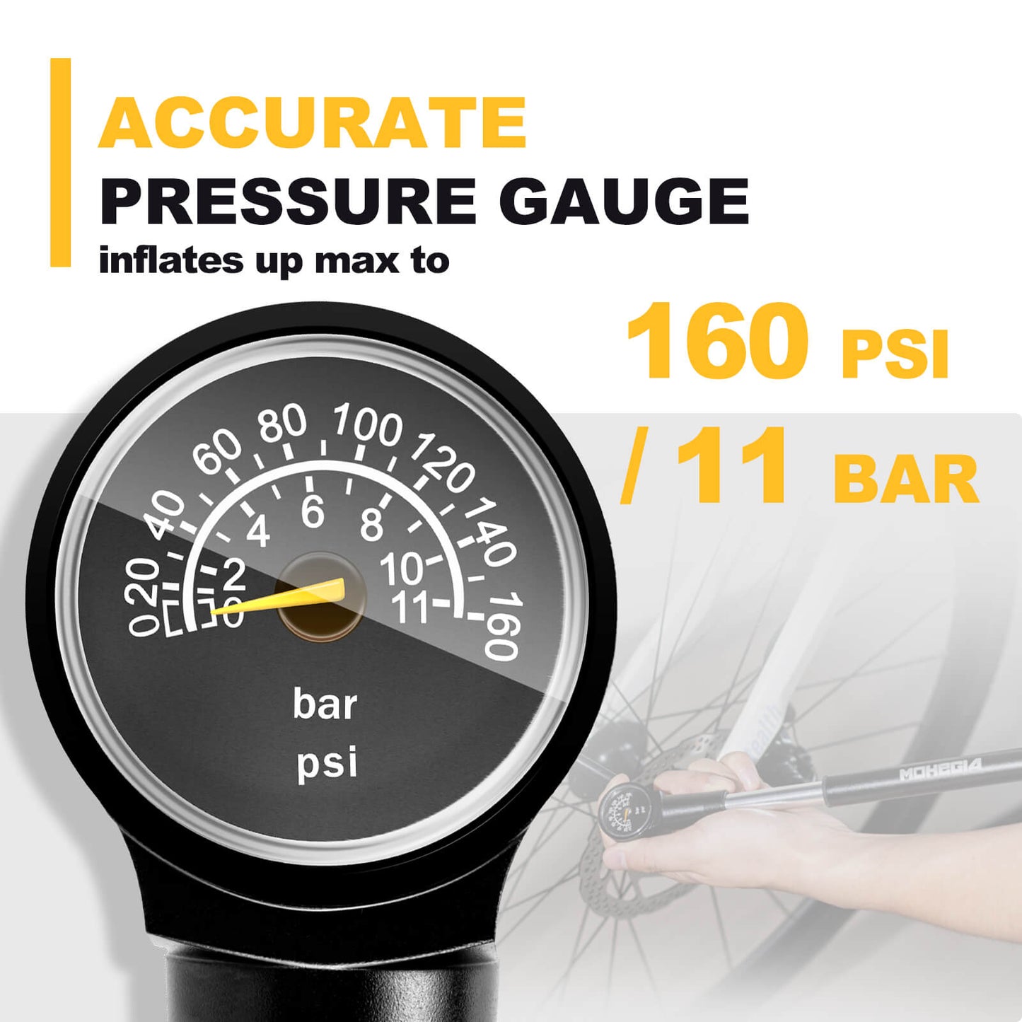 Hycline bicycle hand pump with 160 PSI capacity, mounted on bike frame for easy inflation during rides.