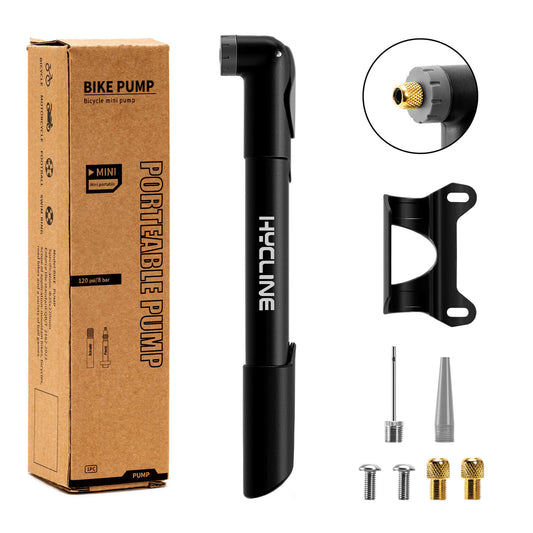 Hycline Mini Hand Pump for bicycles, 120 PSI, compact black bike pump with pressure gauge and ergonomic handle.