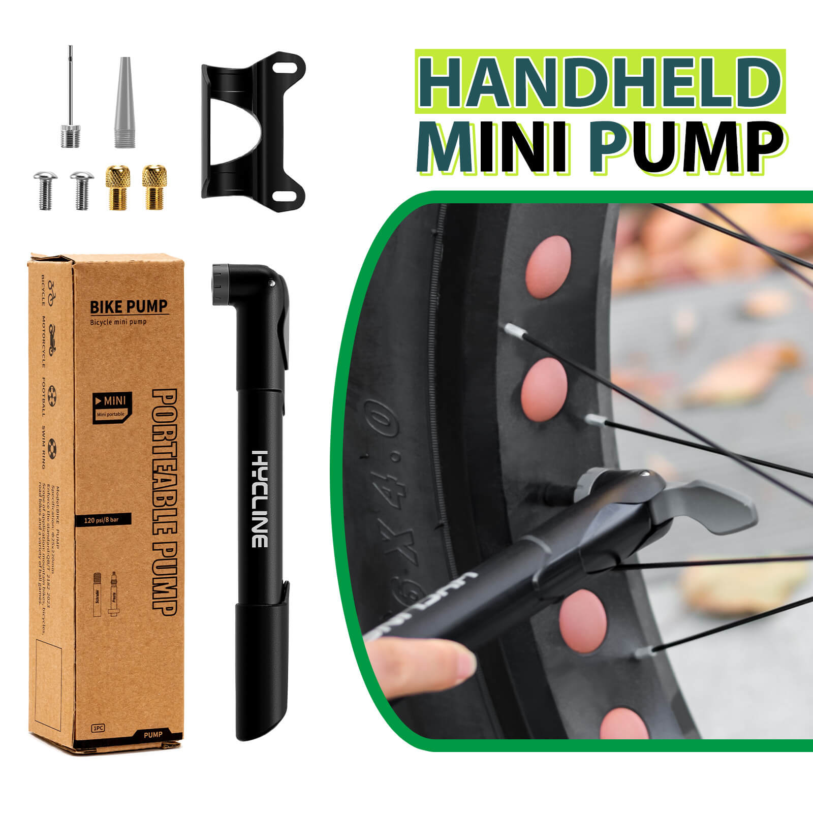 Hycline Mini Hand Pump for bicycles, 120 PSI, compact black bicycle pump with easy-to-use handle and pressure gauge.